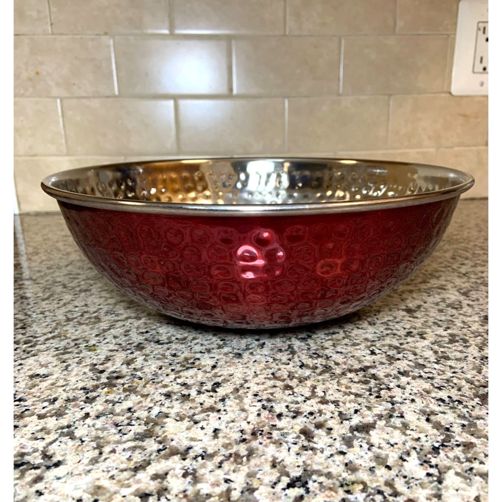 Decorative Round Dimple Hammered Two-Tone Stainless Steel Bowl Red 10" (25.4cm)